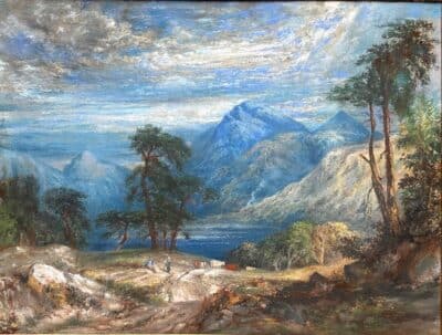 Original oil pastel 'Mountain scene with figure and cattle. Unsigned. Framed and mounted. Unglazed.